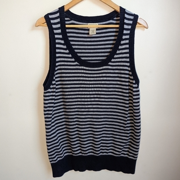 LL BEAN Navy & Grey Stripes Cashmere Sleeveless Knit Vest Size Large - Picture 2 of 7